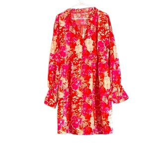 NWOT-Elegant Floral Long Sleeve Dress in Red and Pink